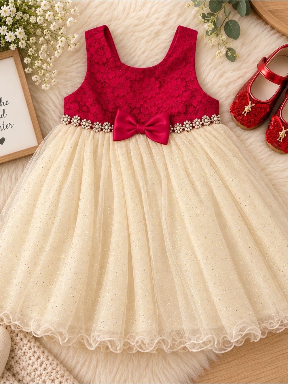 New! Toddler Red and Cream Lace Tulle Party Dress with Bow